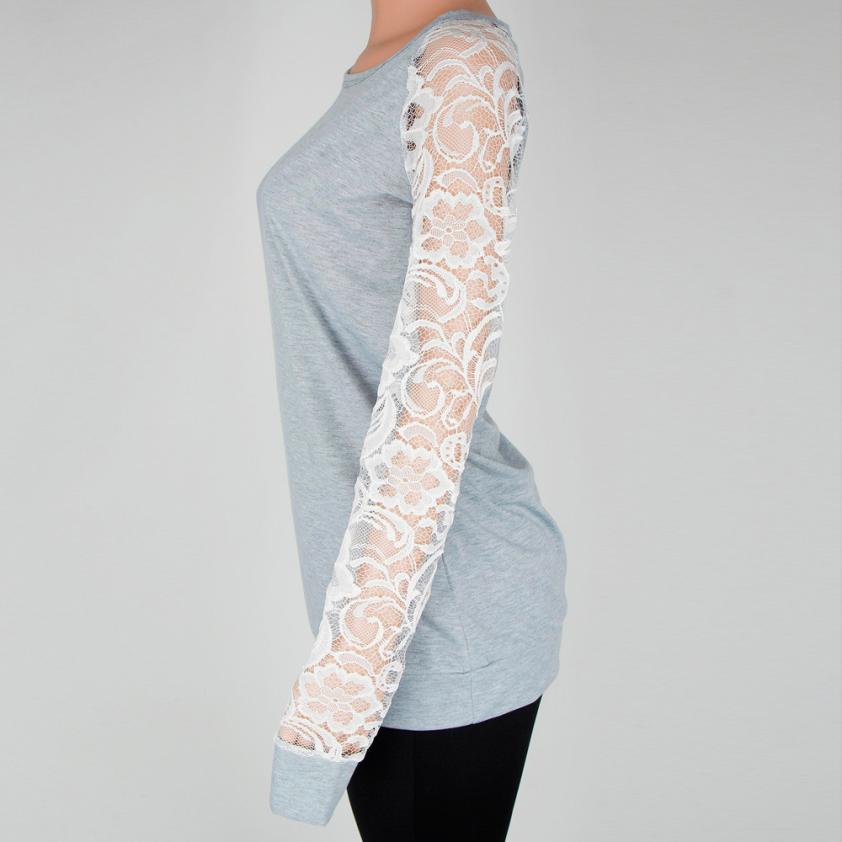 Fashion Womens Casual Lace Long Sleeve Crop O-Neck Pullover T-Shirt Tops