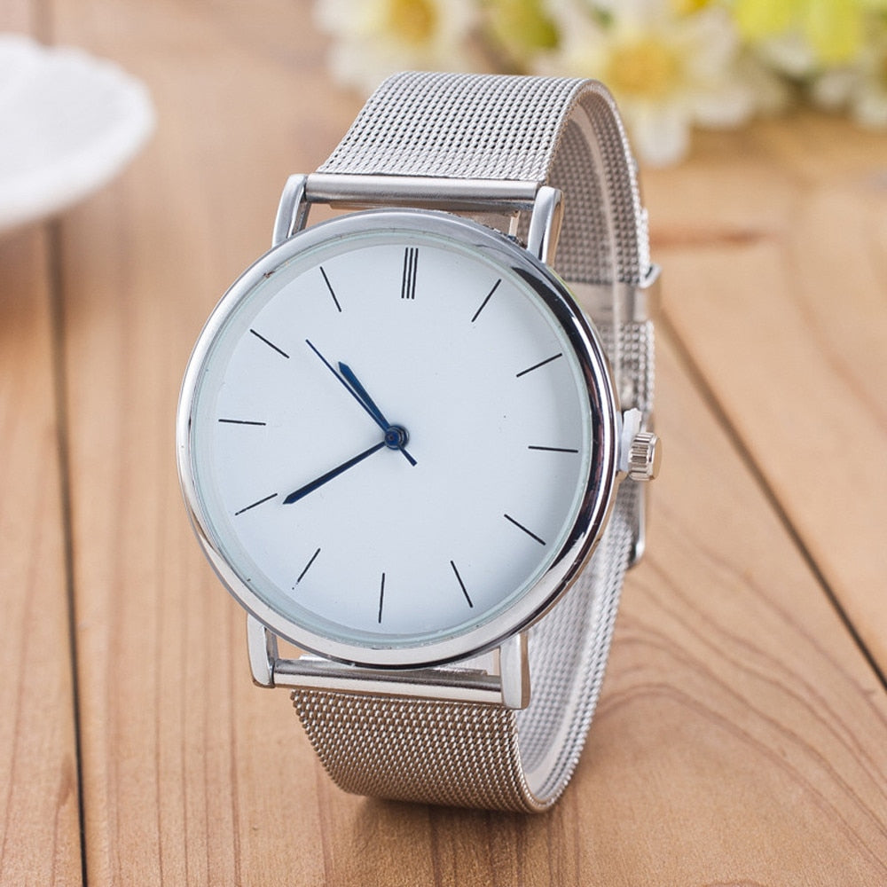 Women Ladies Silver Stainless Steel Mesh Band Wrist Watch