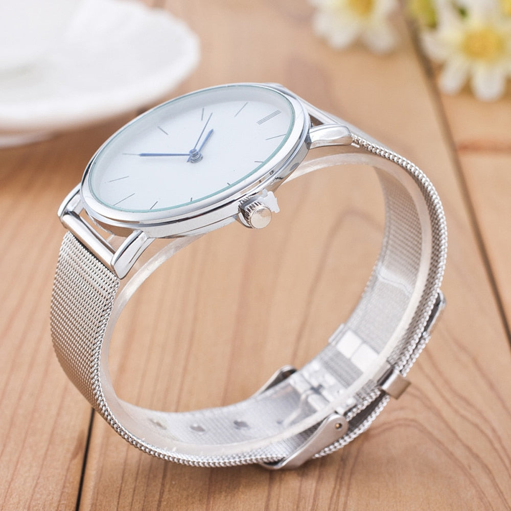 Women Ladies Silver Stainless Steel Mesh Band Wrist Watch