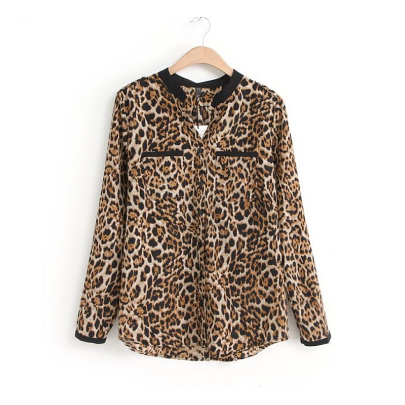 New Women Leopard Chiffon Shirt Long Sleeved Shirt Stripe Loose