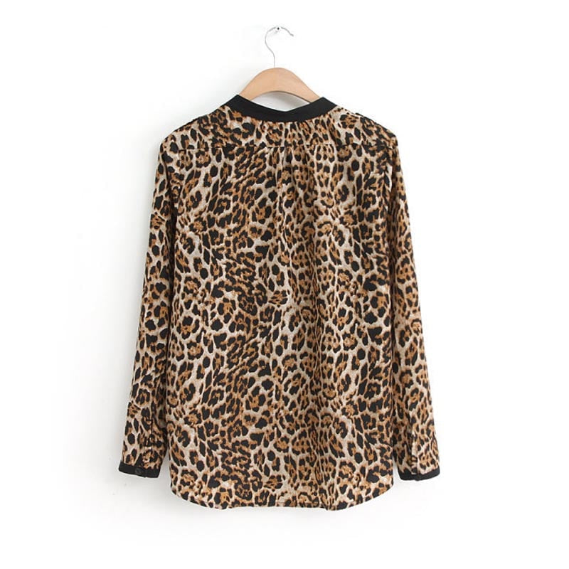 New Women Leopard Chiffon Shirt Long Sleeved Shirt Stripe Loose