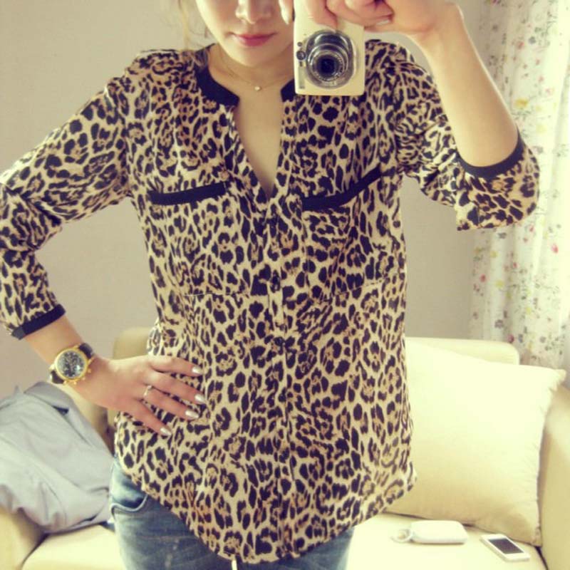 New Women Leopard Chiffon Shirt Long Sleeved Shirt Stripe Loose