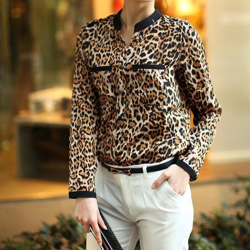 New Women Leopard Chiffon Shirt Long Sleeved Shirt Stripe Loose