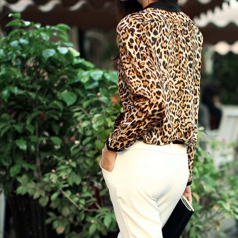 New Women Leopard Chiffon Shirt Long Sleeved Shirt Stripe Loose