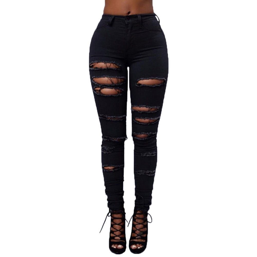 High Waist Ripped Jeans Of Women Spring Pants Capris Skinny Hole Stretch Slim Calf