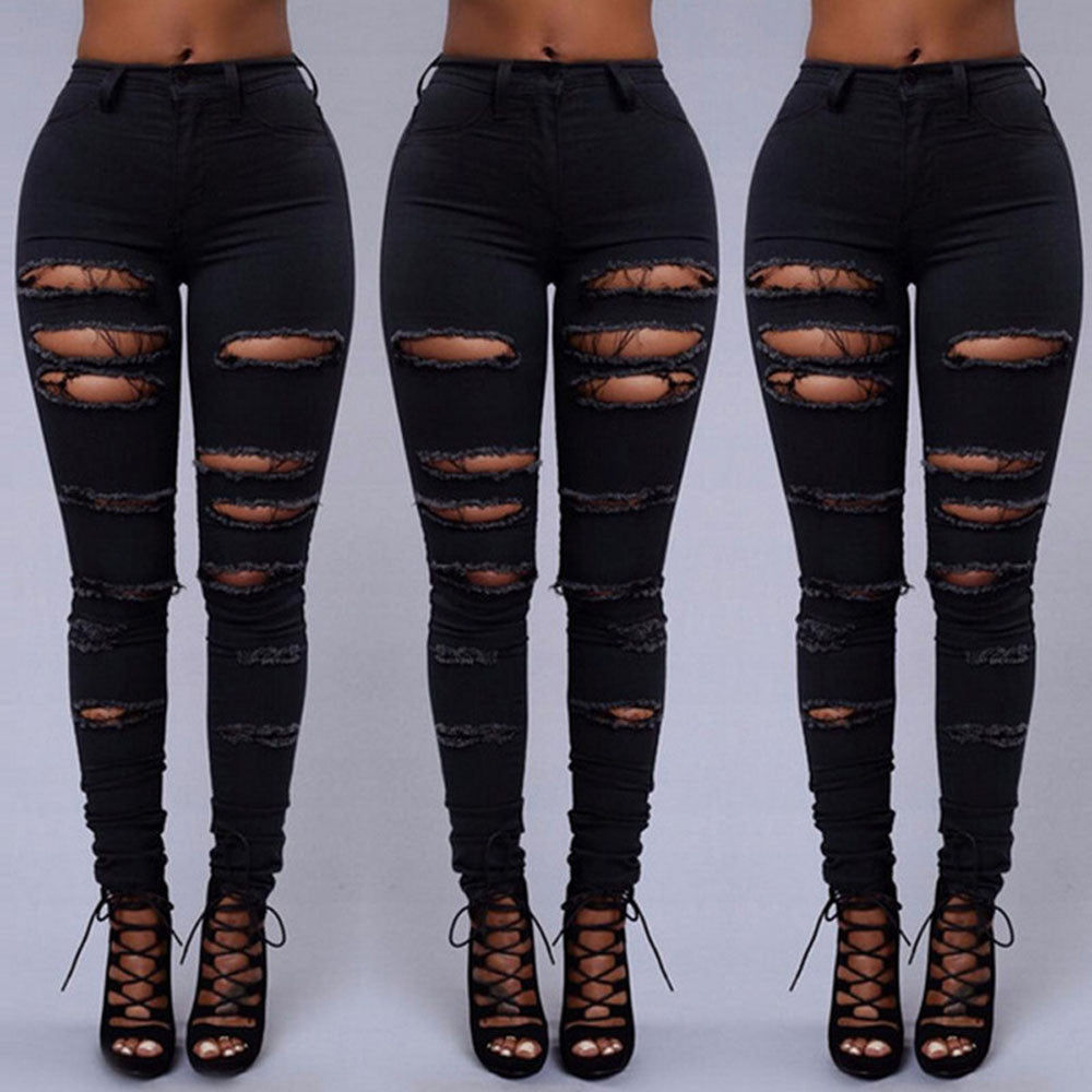 High Waist Ripped Jeans Of Women Spring Pants Capris Skinny Hole Stretch Slim Calf