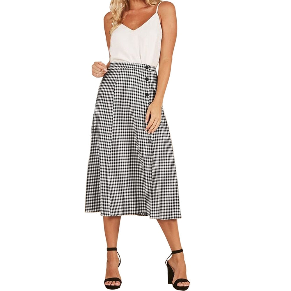 Spring Plaid Skirt Of Women Button Side Split Party