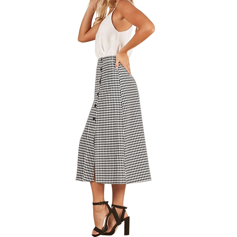 Spring Plaid Skirt Of Women Button Side Split Party