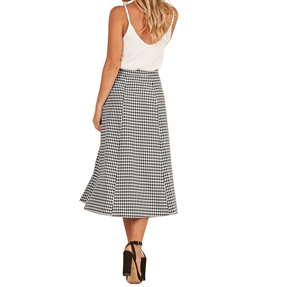 Spring Plaid Skirt Of Women Button Side Split Party