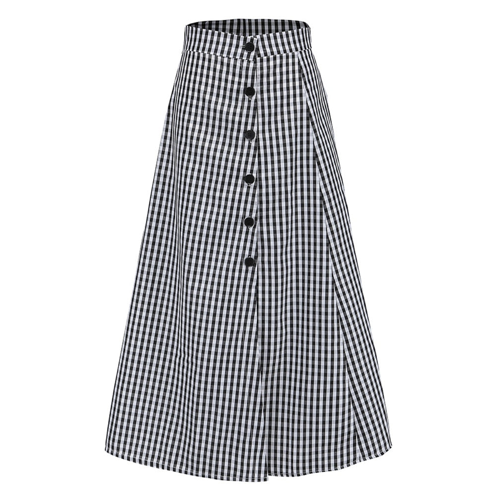 Spring Plaid Skirt Of Women Button Side Split Party