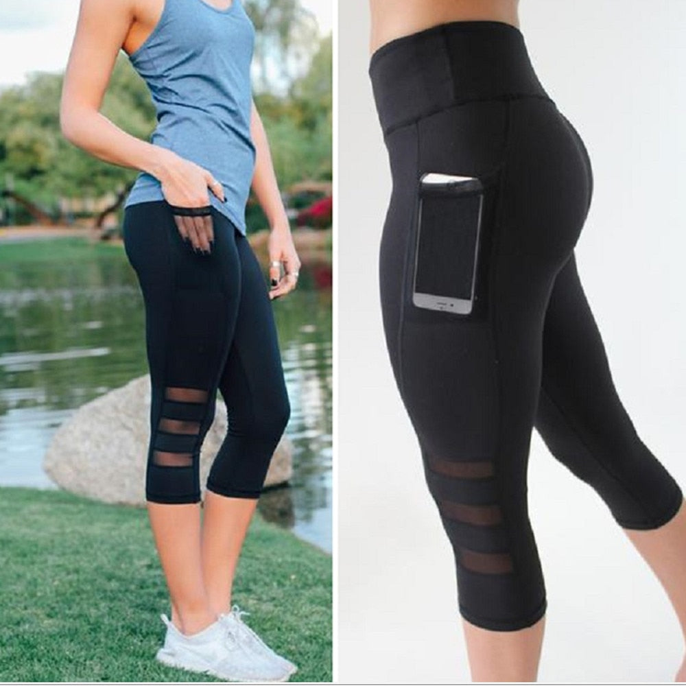 Women Skinny Leggings Patchwork Mesh Yoga Fitness Sports Capri