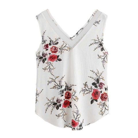 Women Boho Floral Print Top Double V Neck Sleeveless