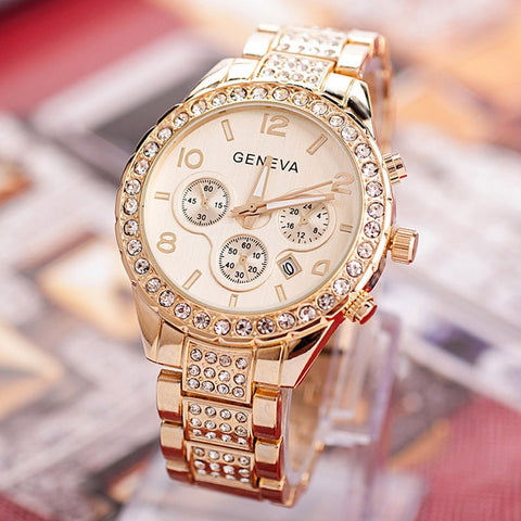 Luxury Crystal Quartz Watch Women Stainless Steel Geneva