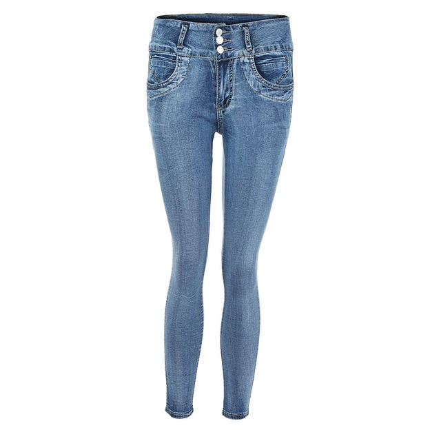 High Waist Ripped Jeans Of Women Spring Pants Capris Skinny Stretch Slim Calf Length Jeans