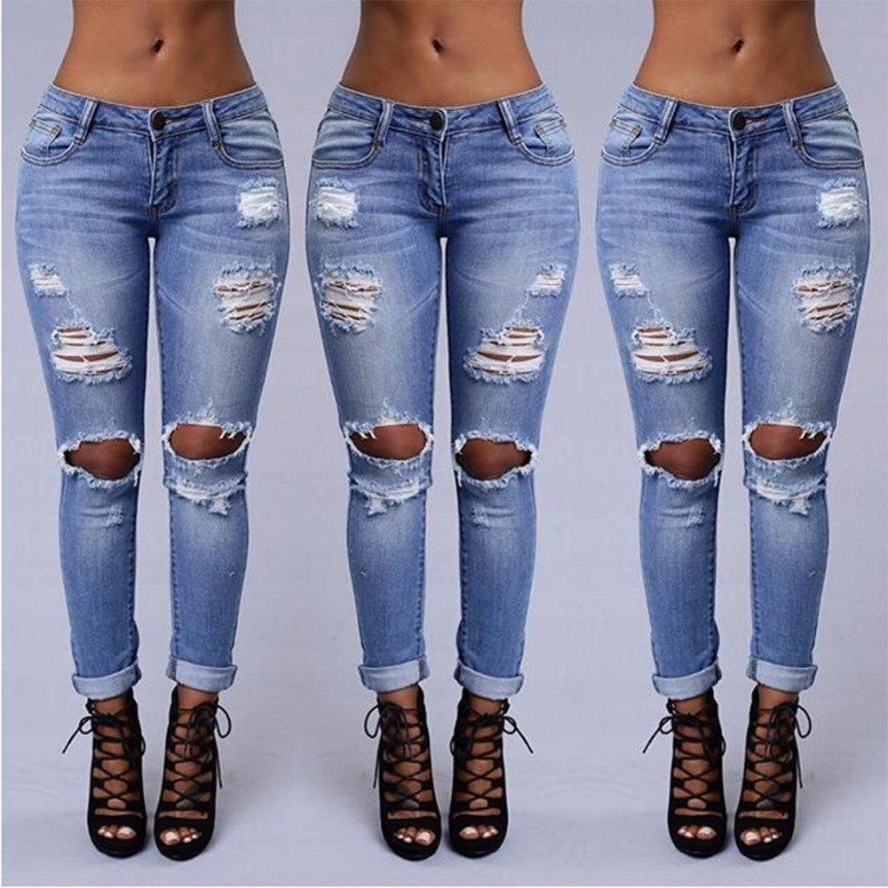 High Waist Jeans Of Women Spring Pants Capris Sexy Hole Pencil