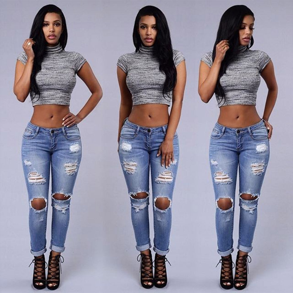 High Waist Jeans Of Women Spring Pants Capris Sexy Hole Pencil