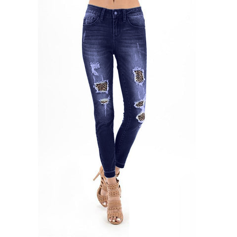 High Waist Ripped Jeans Of Women Spring Pants Capris Elastic ShreddLeopard Print Denim