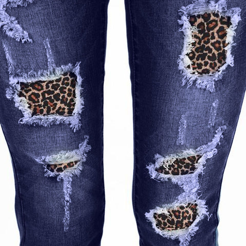 High Waist Ripped Jeans Of Women Spring Pants Capris Elastic ShreddLeopard Print Denim