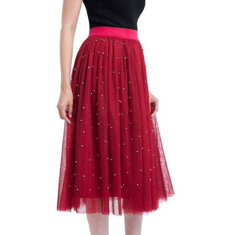 Spring Skirt Of Women Plus Size Bead Mesh Tulle Pleated Princess