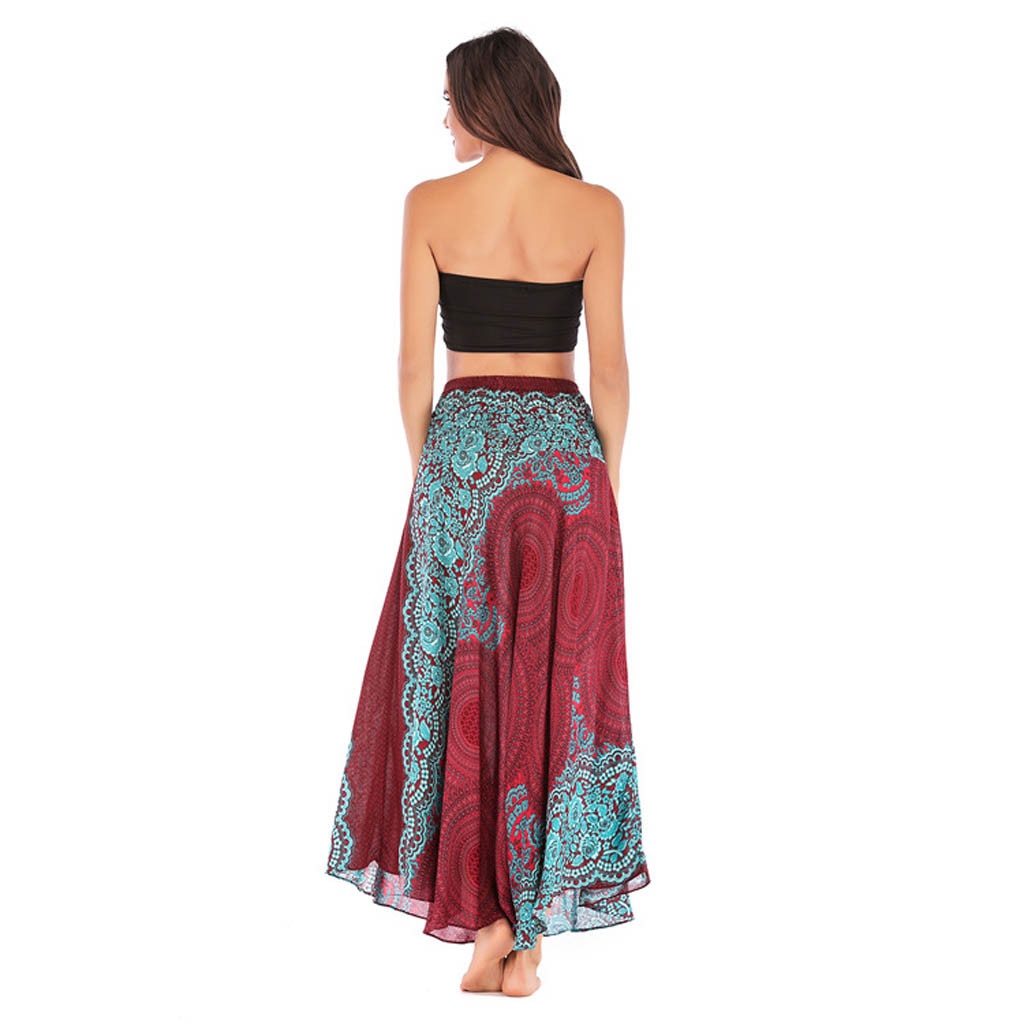 Spring Print Skirt Of Women Long Hippie Bohemian Flowers Elastic