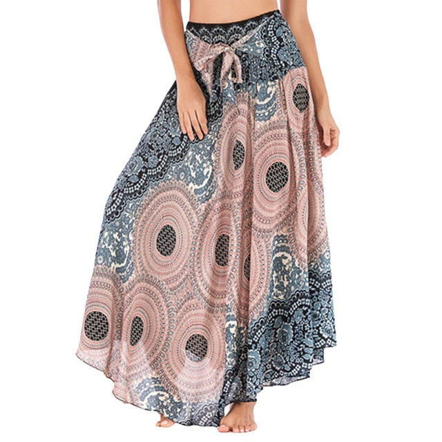 Spring Print Skirt Of Women Long Hippie Bohemian Flowers Elastic