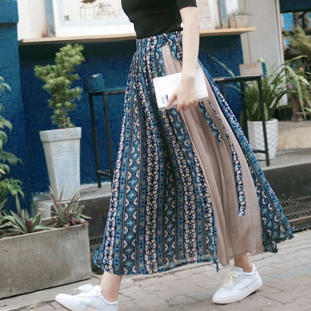 Spring Skirt Of Women Chiffon Print Patchwork Bandage Wrap Pleated