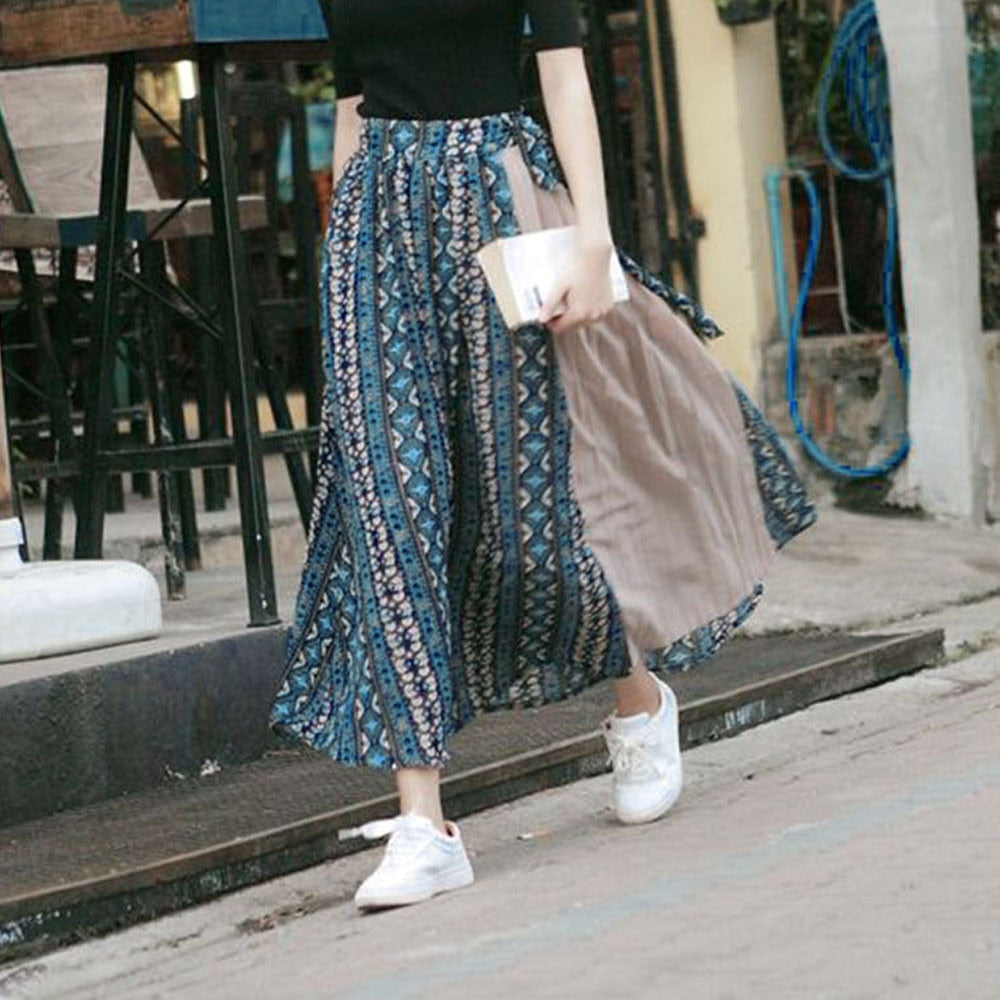 Spring Skirt Of Women Chiffon Print Patchwork Bandage Wrap Pleated