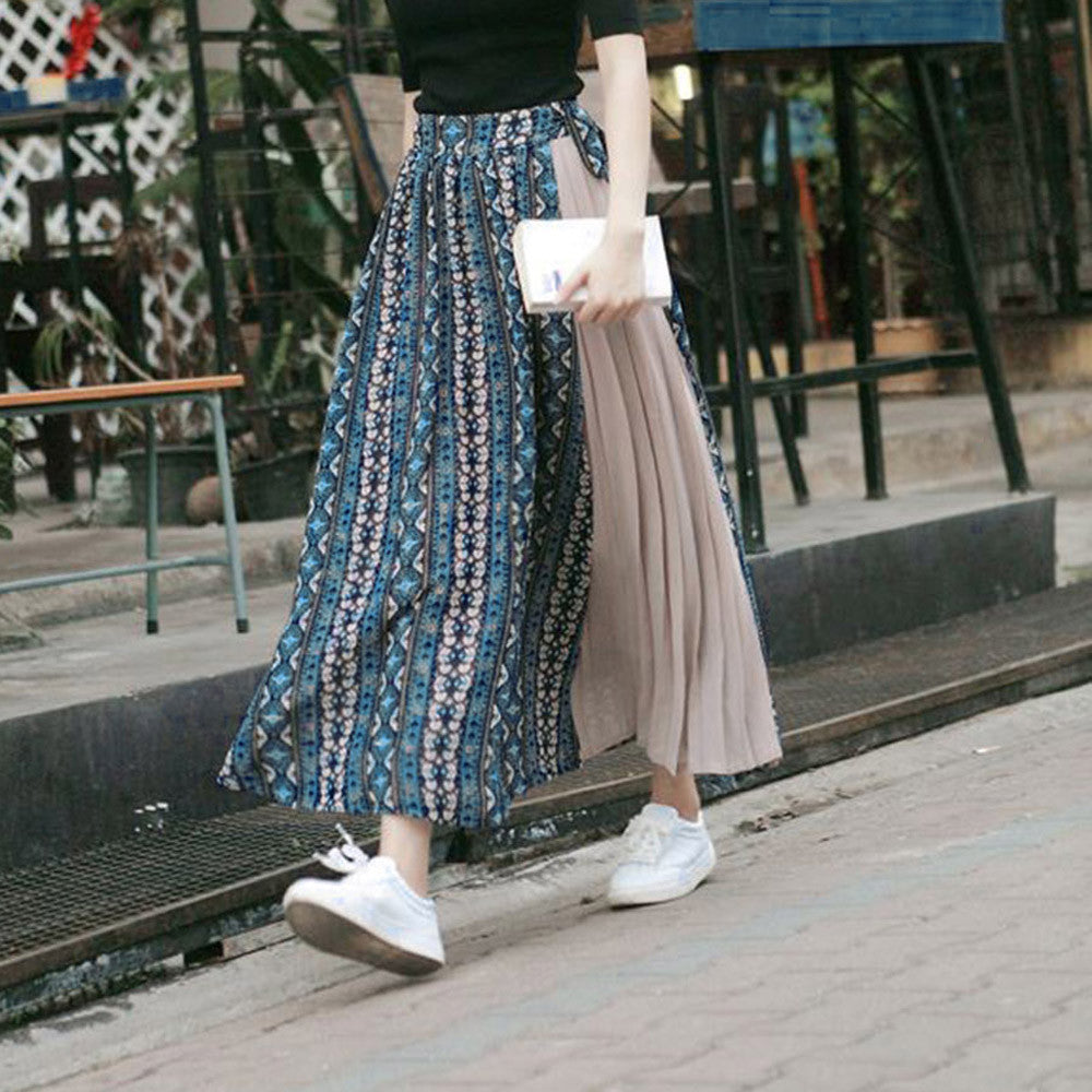 Spring Skirt Of Women Chiffon Print Patchwork Bandage Wrap Pleated