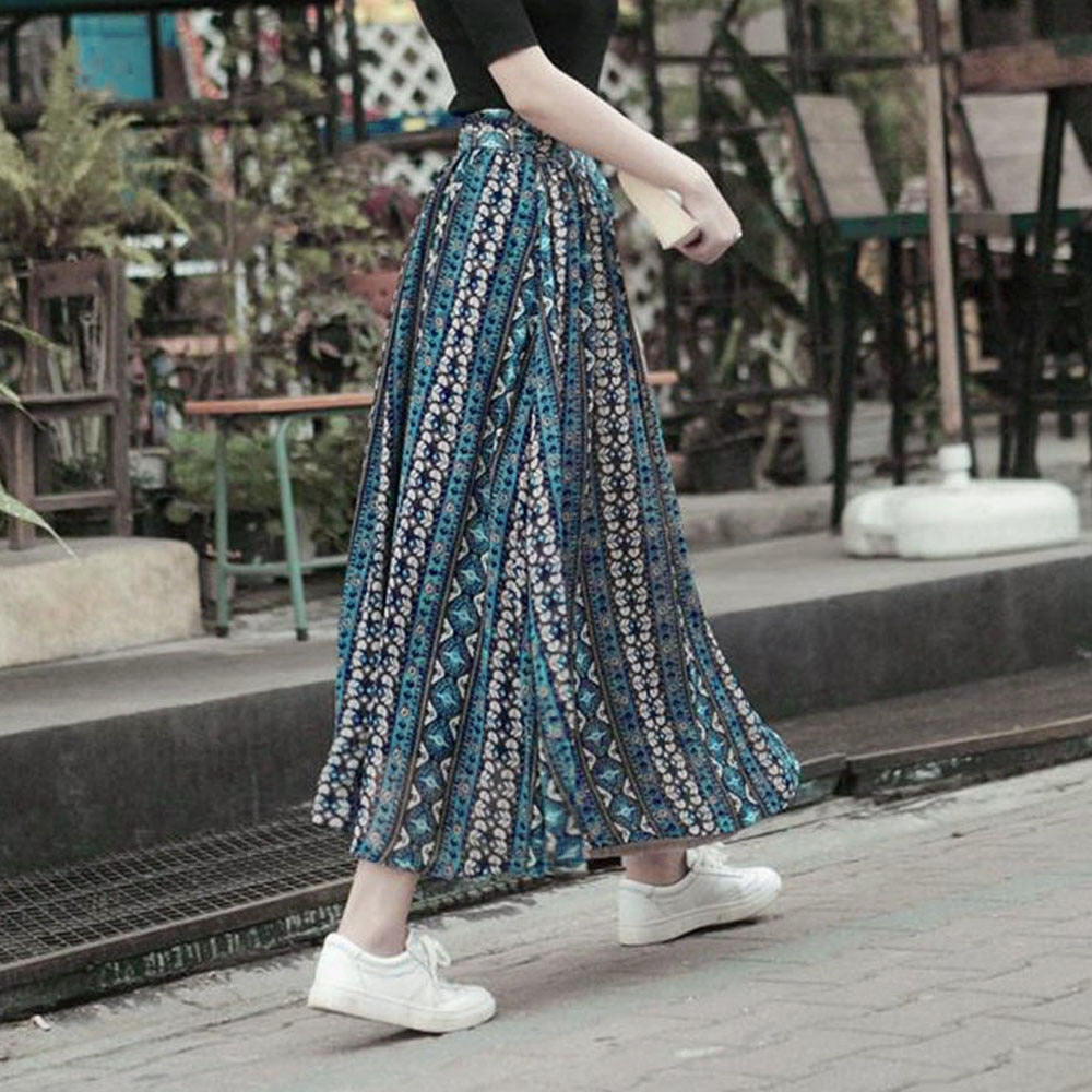 Spring Skirt Of Women Chiffon Print Patchwork Bandage Wrap Pleated