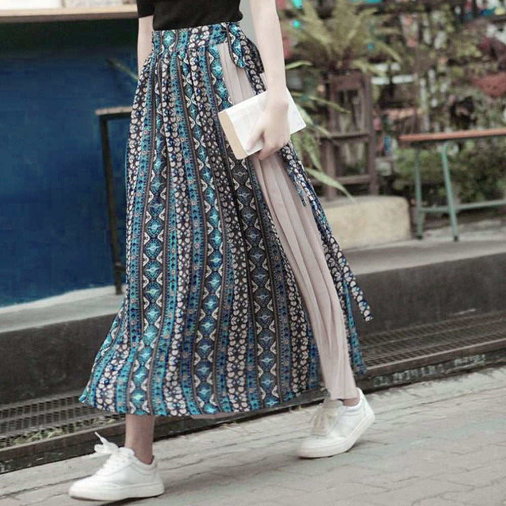 Spring Skirt Of Women Chiffon Print Patchwork Bandage Wrap Pleated