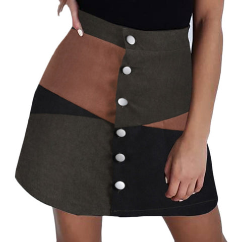 Spring Women Fashion Casual Botton Patchwork Color Block Short Mini Skirt