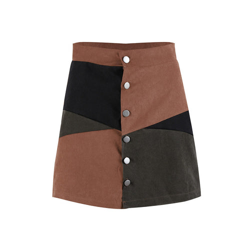 Spring Women Fashion Casual Botton Patchwork Color Block Short Mini Skirt