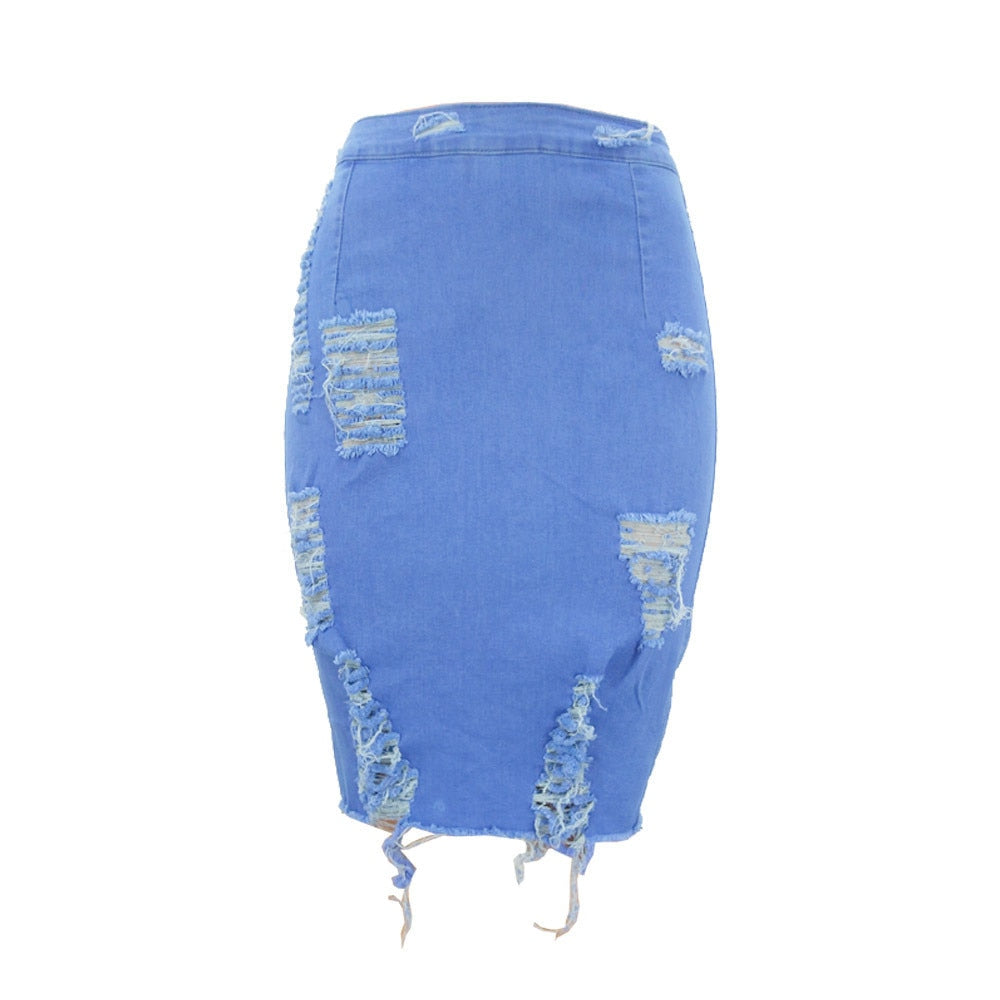 Denim Ripped Skirt Of Women High Waist Ripped Distressed Bodycon Pencil