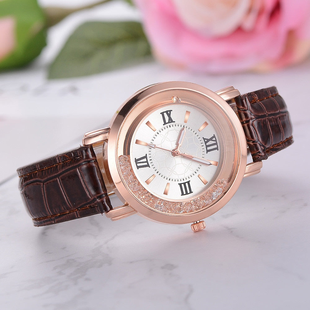 Fashion Luxury Hot Women Watch Leisure Set Auger Leather Stainless Steel