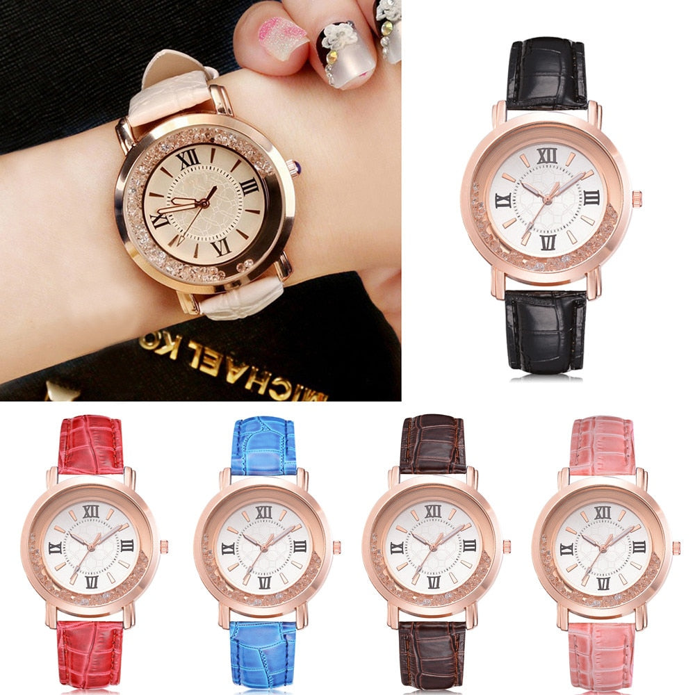 Fashion Luxury Hot Women Watch Leisure Set Auger Leather Stainless Steel