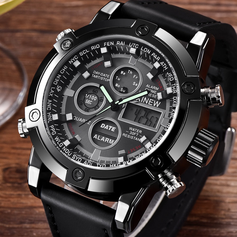 Dual Movt Men's Leather Quarz Analog Digital LED Sport Wrist Watch