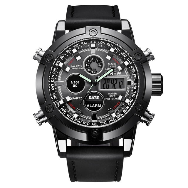 Dual Movt Men's Leather Quarz Analog Digital LED Sport Wrist Watch