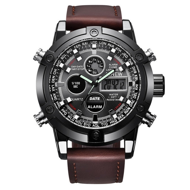 Dual Movt Men's Leather Quarz Analog Digital LED Sport Wrist Watch